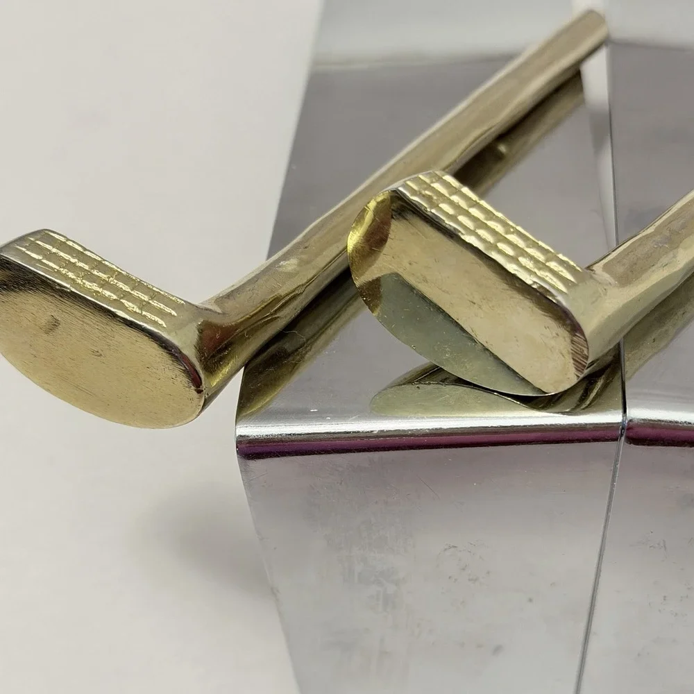 VTG MCM Chrome Golf Club Bookends Office Decor Silver Gold Metal Pair Retro Mod
